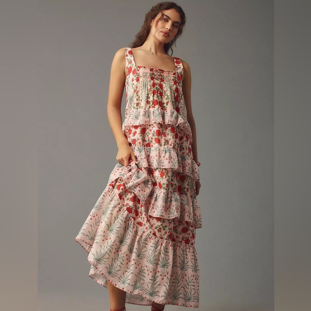 By Anthropologie Sleeveless Square-Neck Tiered Midi Dress Size Small
